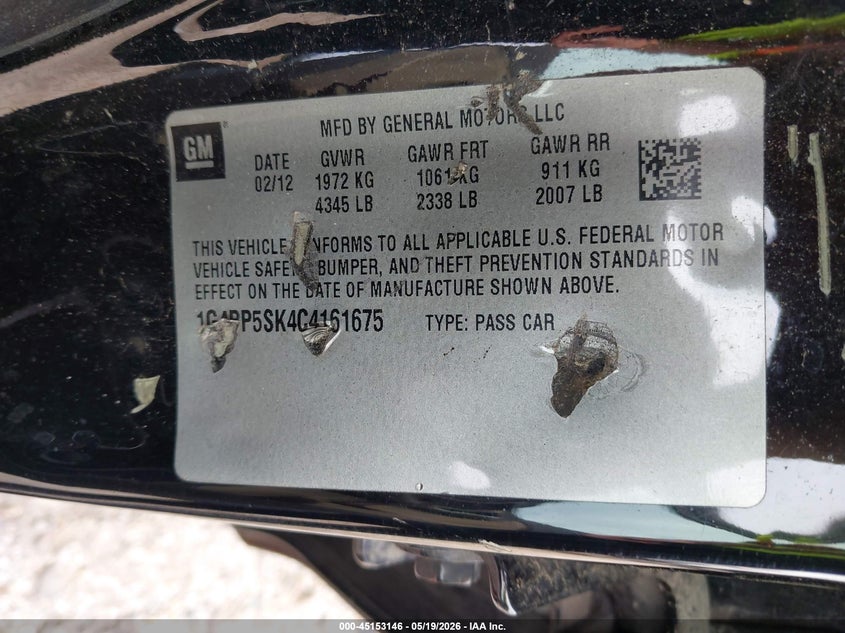 2012 Buick Verano 2.4 black Lot 111045153146 Vin 1G4PP5SK4C4161675