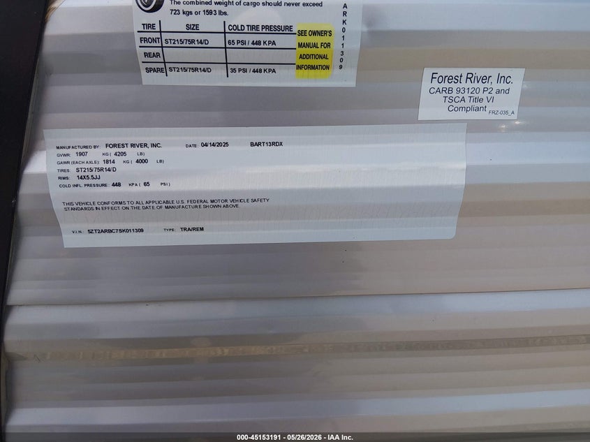 2025 FOREST RIVER OTHER (VIN: 5ZT2ARBC7SK011309