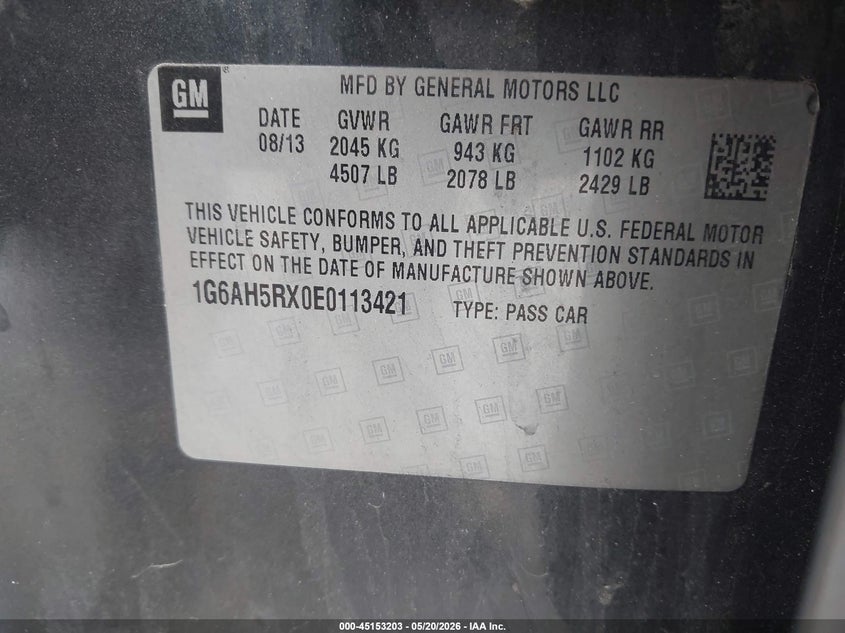 2014 Cadillac Ats Luxury VIN: 1G6AH5RX0E0113421 Lot: 45153203
