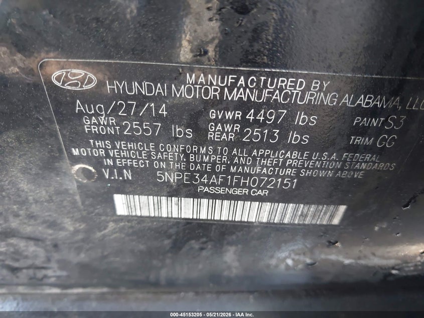 2015 Hyundai Sonata Limited VIN: 5NPE34AF1FH072151 Lot: 45153205