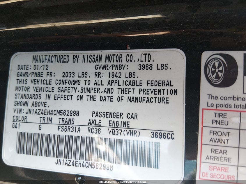 NISSAN 370Z 2012 VIN JN1AZ4EH4CM562998