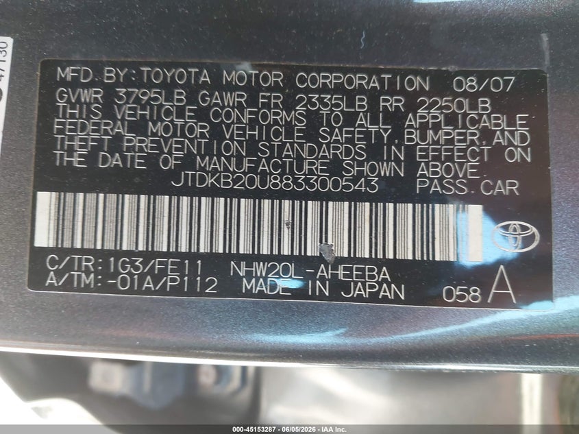 2008 Toyota Prius VIN: JTDKB20U883300543 Lot: 45153287