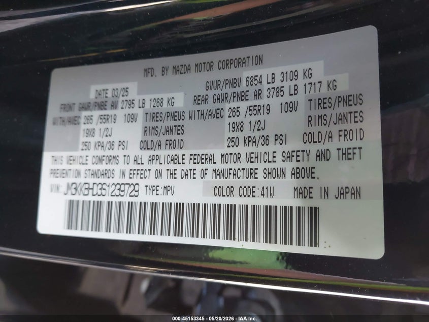 2025 Mazda Cx-90 3.3 Turbo Preferred Package VIN: JM3KKBHD3S1239729 Lot: 45153345