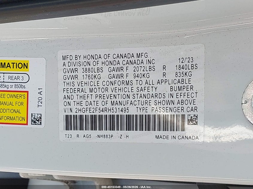VIN 2HGFE2F54RH531495 2024 HONDA CIVIC SPORT