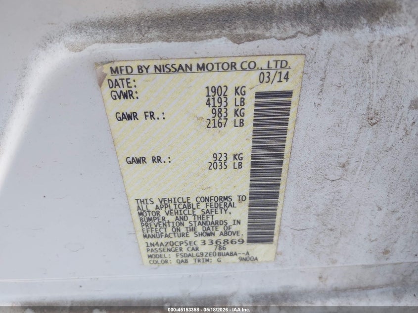 2014 Nissan Leaf Sl VIN: 1N4AZ0CP5EC336869 Lot: 45153358