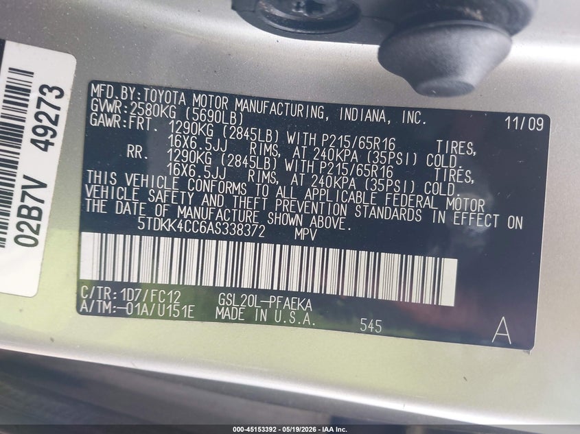 2010 Toyota Sienna Le VIN: 5TDKK4CC6AS338372 Lot: 45153392