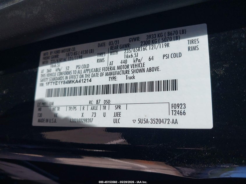 Vin: 1ftye1y84mka41214, lot: 45651223, ford transit-150 20214