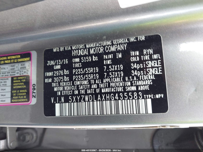 VIN 5XYZWDLAXHG435583 2017 HYUNDAI SANTA FE SPORT 2.0T ULTIMATE