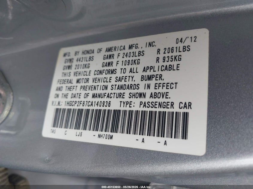 2012 Honda Accord 2.4 2.4 Ex-L silver Lot 111045153650 Vin 1HGCP2F87CA140936