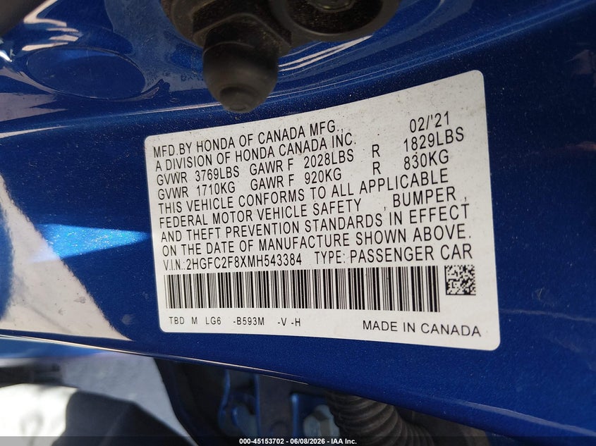 2021 HONDA CIVIC 2.0L I-4 DOHC, VVT, (VIN: 2HGFC2F8XMH543384