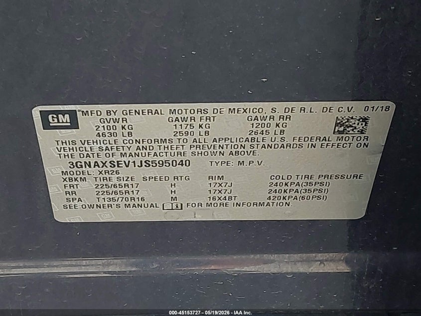 VIN 3GNAXSEV1JS595040 2018 CHEVROLET EQUINOX LT