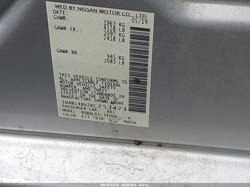 VIN 1N4BL4BV2KC253473 2019 NISSAN ALTIMA 2.5 S