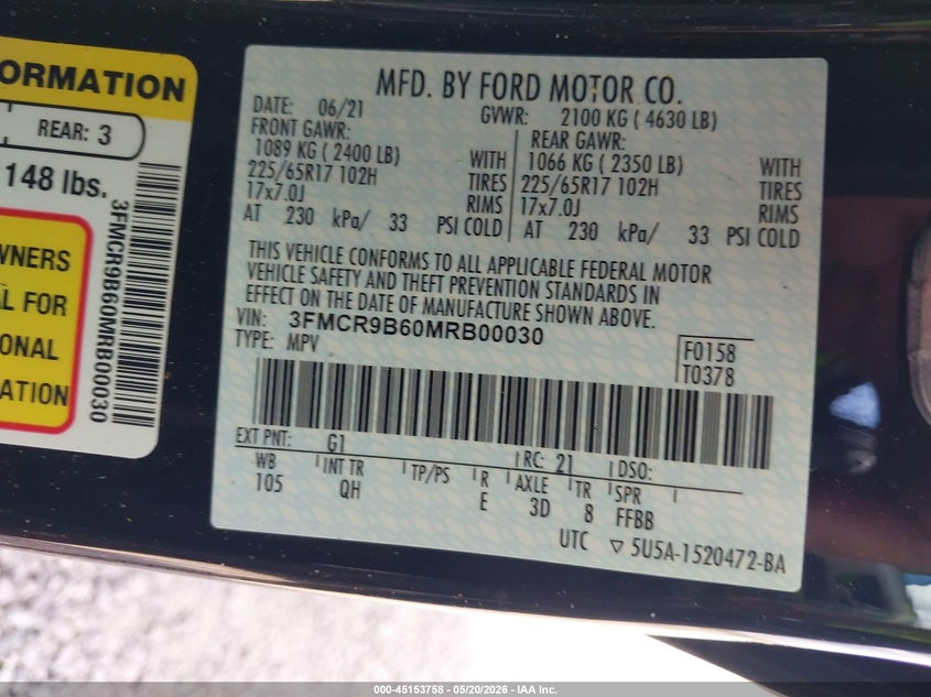 2021 Ford Bronco Sport Big Bend VIN: 3FMCR9B60MRB00030 Lot: 45153758