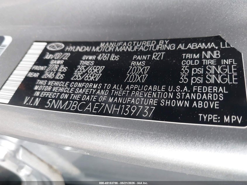 VIN 5NMJBCAE7NH139737 2022 HYUNDAI TUCSON SEL