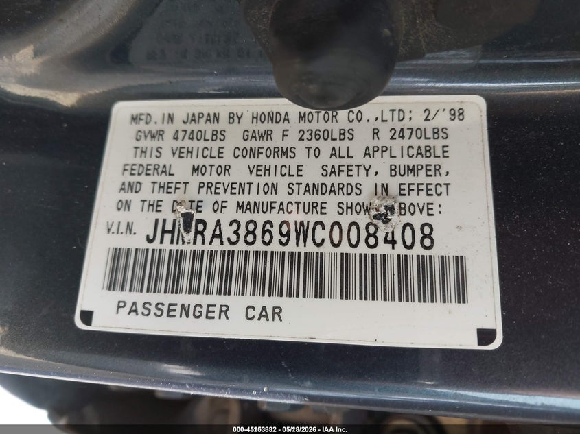 1998 Honda Odyssey Ex/Lx VIN: JHMRA3869WC008408 Lot: 45153832