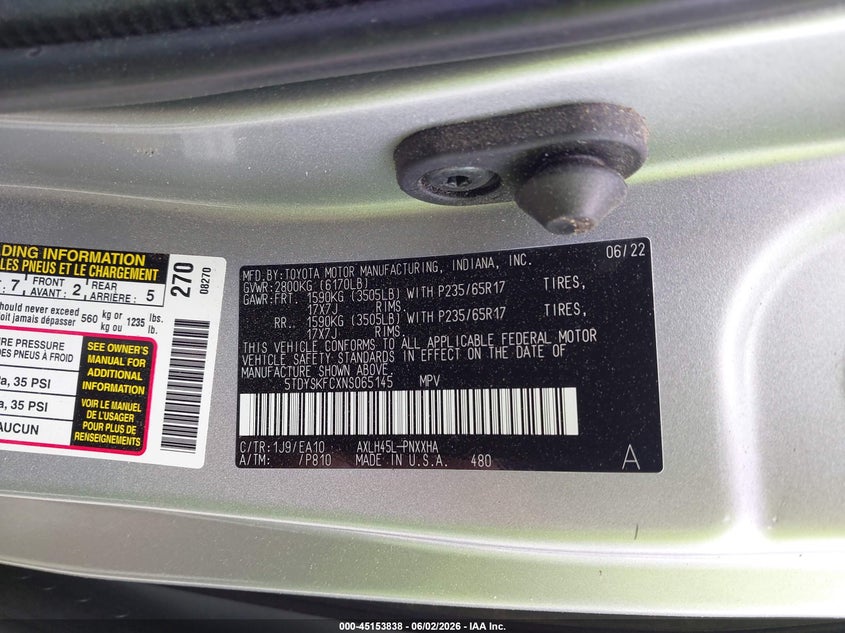 2022 Toyota Sienna Xle VIN: 5TDYSKFCXNS065145 Lot: 45153838