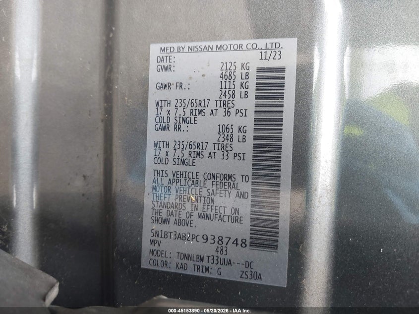 VIN 5N1BT3AB2PC938748 2023 NISSAN ROGUE S INTELLIGENT AWD