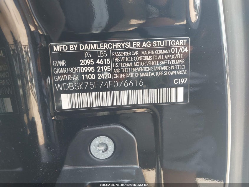2004 Mercedes-Benz Sl 500 VIN: WDBSK75F74F076616 Lot: 45153973