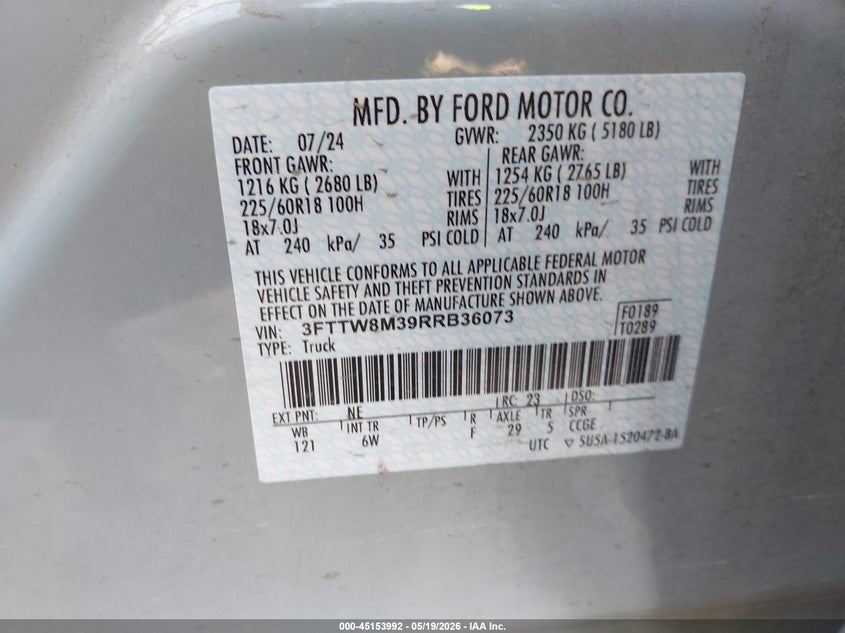 2024 Ford Maverick Lariat VIN: 3FTTW8M39RRB36073 Lot: 45153992