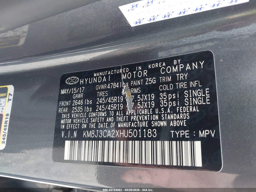 HYUNDAI TUCSON 2017 VIN KM8J3CA2XHU501183