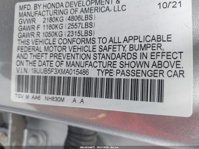 2021 Acura Tlx Standard VIN: 19UUB5F3XMA015486 Lot: 45154072