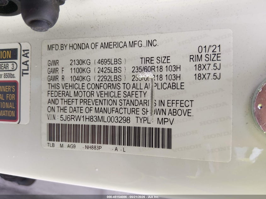VIN 5J6RW1H83ML003298 2021 HONDA CR-V 2WD EX-L