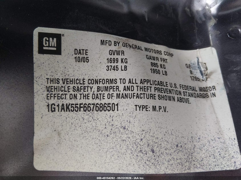 2006 Chevrolet Cobalt Ls VIN: 1G1AK55F667686501 Lot: 45154262