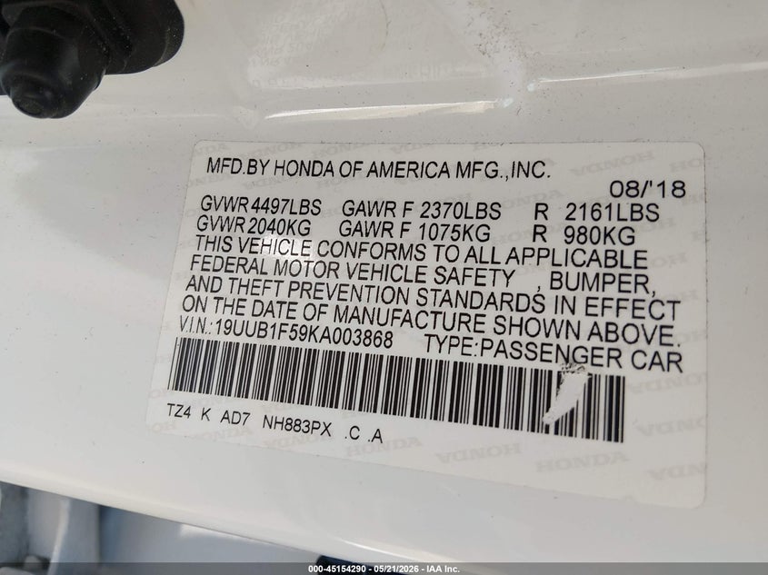 2019 Acura Tlx Tech Pkg VIN: 19UUB1F59KA003868 Lot: 45154290