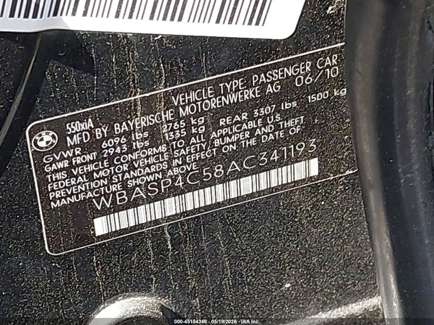 2010 BMW 5 series 4.4 550i Gran Turismo Xdrive Black Lot 111045154346 Vin WBASP4C58AC341193