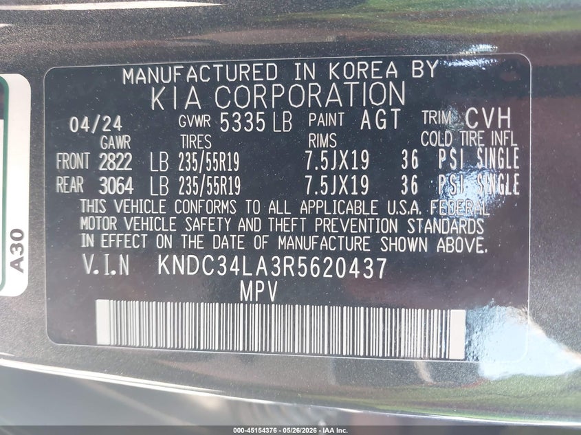 2024 Kia Ev6 Wind VIN: KNDC34LA3R5620437 Lot: 45154376