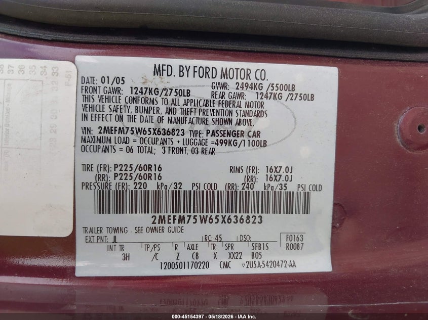 2005 Mercury Grand Marquis Ls/Lse VIN: 2MEFM75W65X636823 Lot: 45154397