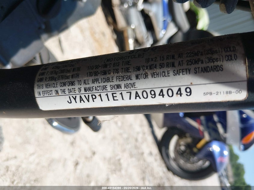 2007 Yamaha Xvs1100 VIN: JYAVP11E17A094049 Lot: 45154398