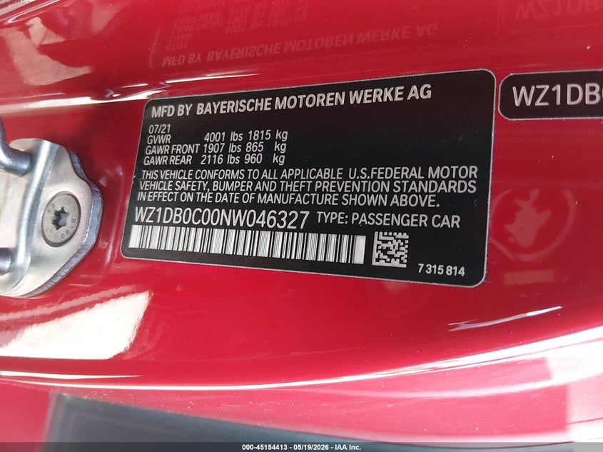 2022 Toyota Gr Supra 3.0 Premium VIN: WZ1DB0C00NW046327 Lot: 45154413