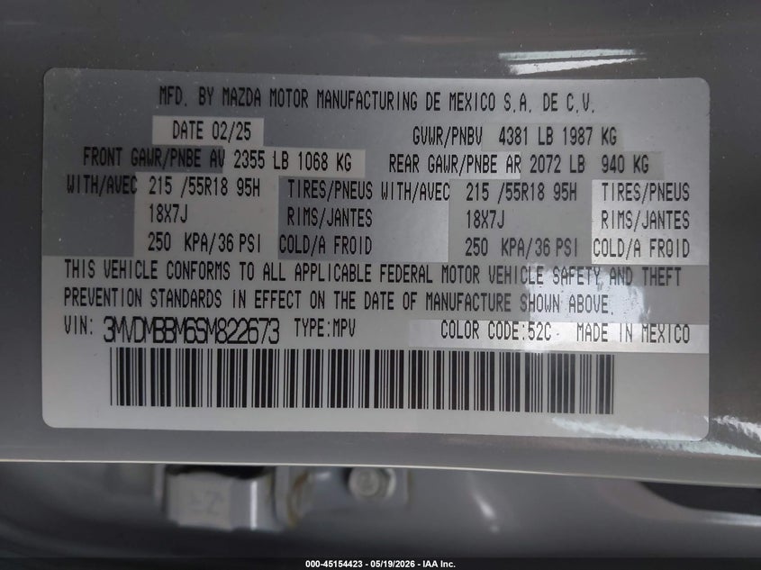 2025 Mazda Cx-30 2.5 S Select Sport VIN: 3MVDMBBM6SM822673 Lot: 45154423
