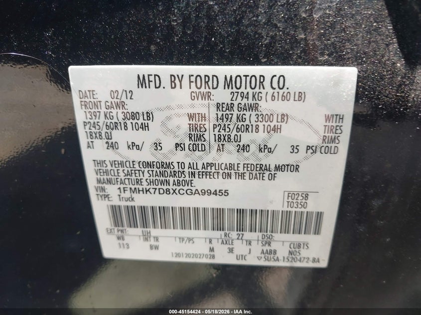 2012 Ford Explorer 3.5 Xlt black Lot 111045154424 Vin 1FMHK7D8XCGA99455