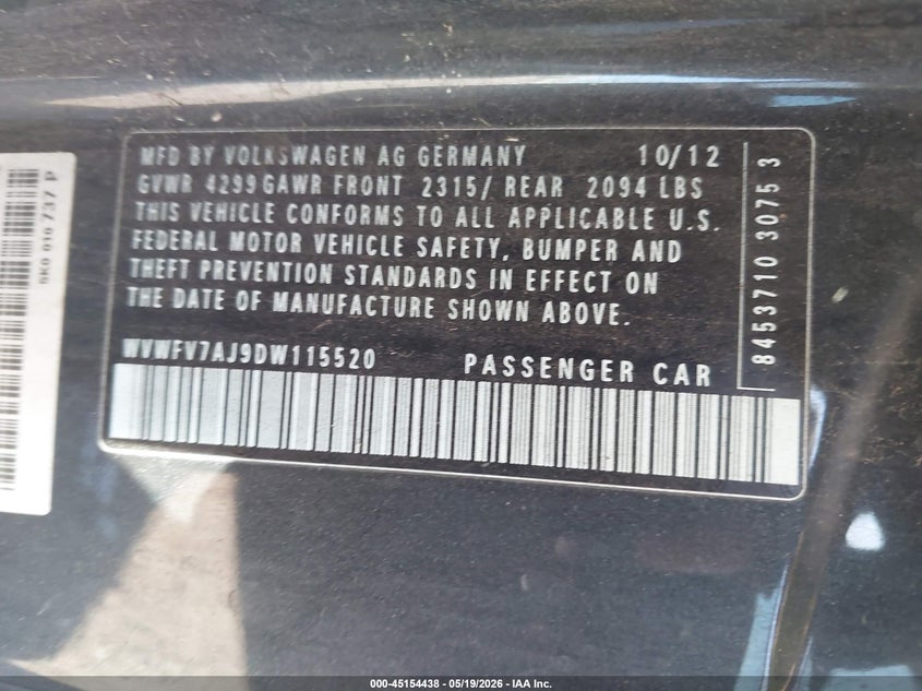 2013 Volkswagen Gti 2-Door VIN: WVWFV7AJ9DW115520 Lot: 45154438