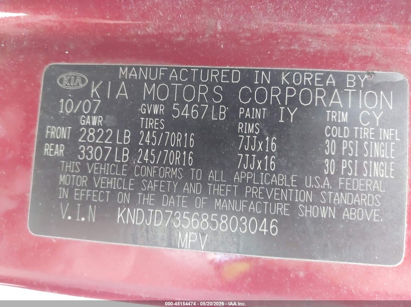2008 Kia Sorento Lx VIN: KNDJD735685803046 Lot: 45154474