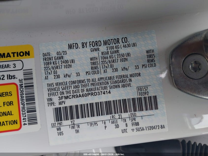 2023 Ford Bronco Sport VIN: 3FMCR9A60PRD37414 Lot: 45154498