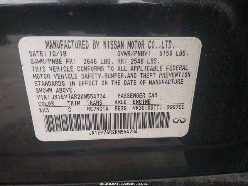 2019 Infiniti Q50 3.0T Luxe VIN: JN1EV7AR2KM554734 Lot: 45154614