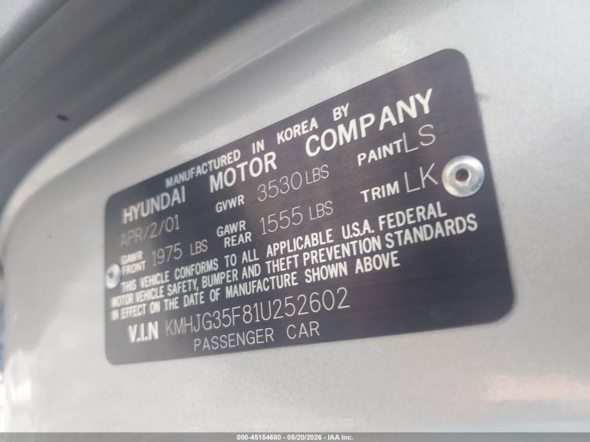 2001 Hyundai Tiburon Base Pkg 1 2 VIN: KMHJG35F81U252602 Lot: 45154680