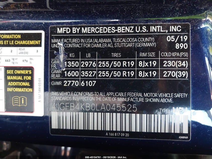 2020 Mercedes-Benz Gle 350 4Matic VIN: 4JGFB4KB0LA045525 Lot: 45154761