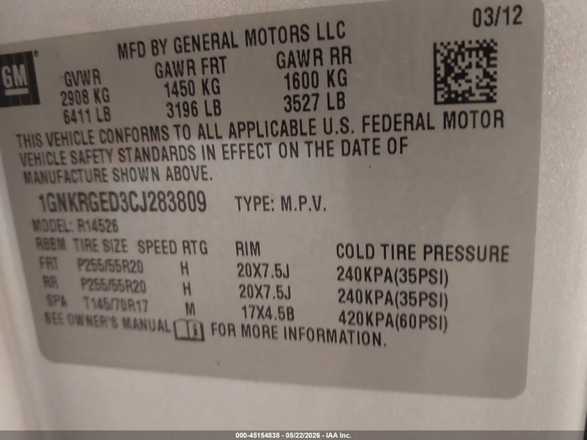 2012 CHEVROLET TRAVERSE SPORT UTILITY VEHICLE 3.6L V-6 DI, DOHC, VVT, 281HP