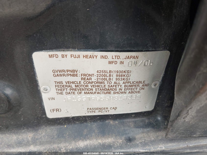 2006 Subaru Impreza Wrx Limited VIN: JF1GG79656H818835 Lot: 45154845