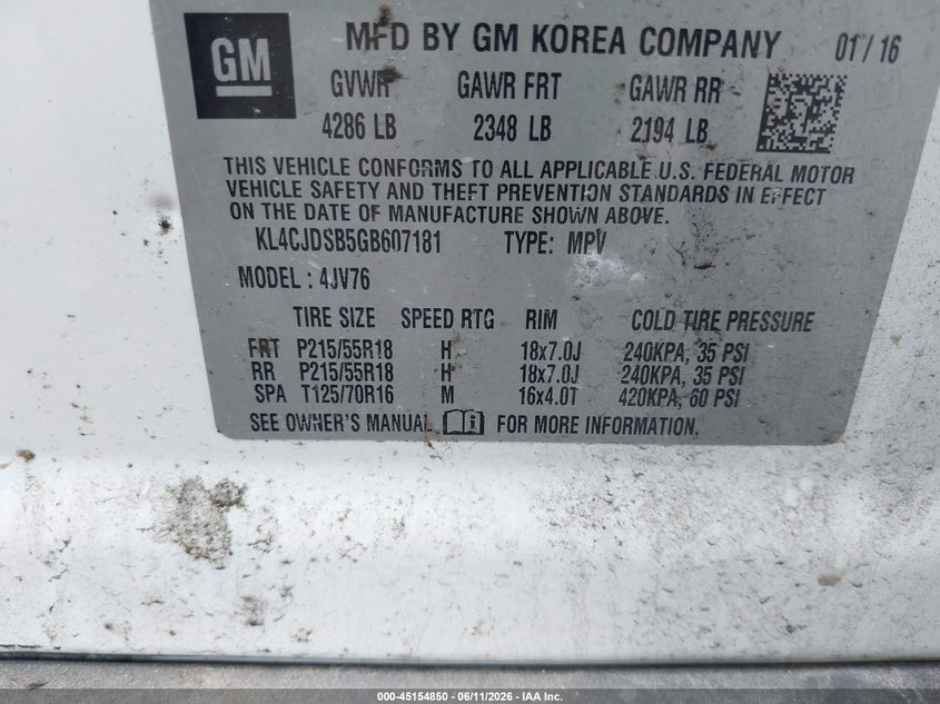 2016 Buick Encore Premium VIN: KL4CJDSB5GB607181 Lot: 45154850