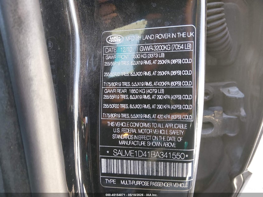 2011 Land Rover Range Rover Hse VIN: SALME1D41BA341550 Lot: 45154871