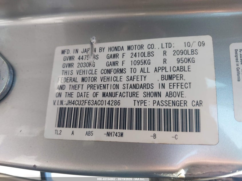 2010 Acura Tsx 2.4 VIN: JH4CU2F63AC014286 Lot: 45154962
