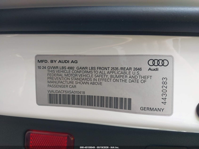 2025 Audi A5 Sportback Premium 45 Tfsi S Line Quattro S Tronic VIN: WAUDACF5XSA010418 Lot: 45155049