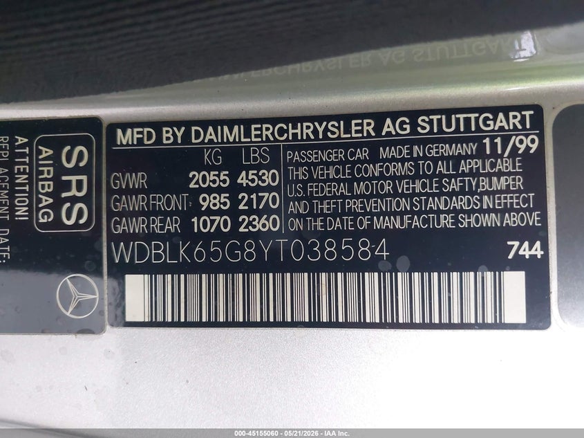 2000 Mercedes-Benz Clk 320 VIN: WDBLK65G8YT038584 Lot: 45155060
