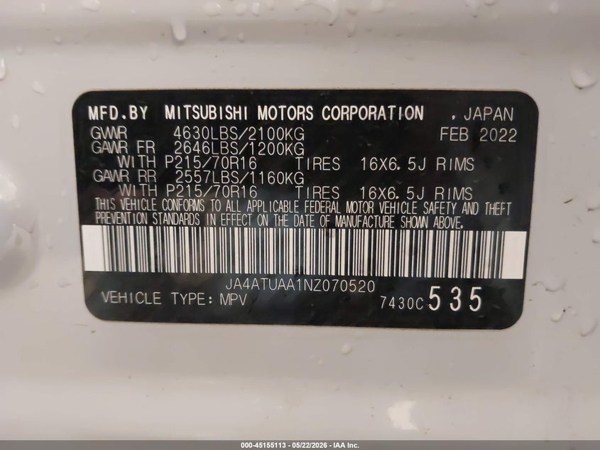 2022 Mitsubishi Eclipse Cross Es S-Awc VIN: JA4ATUAA1NZ070520 Lot: 45155113