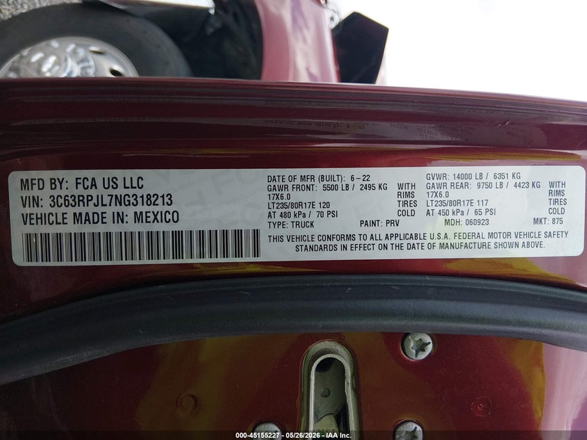 2022 Ram 3500 VIN: 3C63RPJL7NG318213 Lot: 45155227
